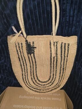 BTB Los Angeles Woven Straw Tote Black Embroidery Lined NWT